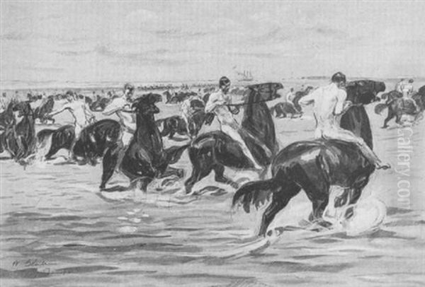 With The Regulars At Port Tampa, Florida, U.s. Cavalry      Troops Taking Their Horses Fora Dash Into The Gulf. Oil Painting by William Glackens