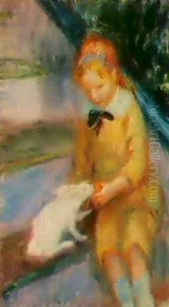 Lenna Feeding A Rabbit Oil Painting by William Glackens