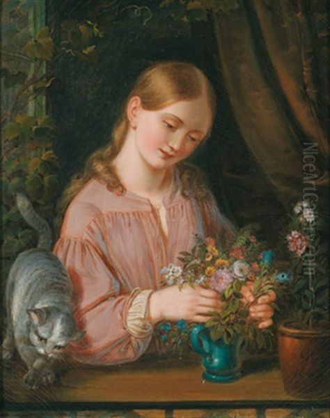 Ein Junges Madchen Mit Blumen Und Einer Katze Am Fenster Oil Painting by Gotthelf Leberecht Glaeser