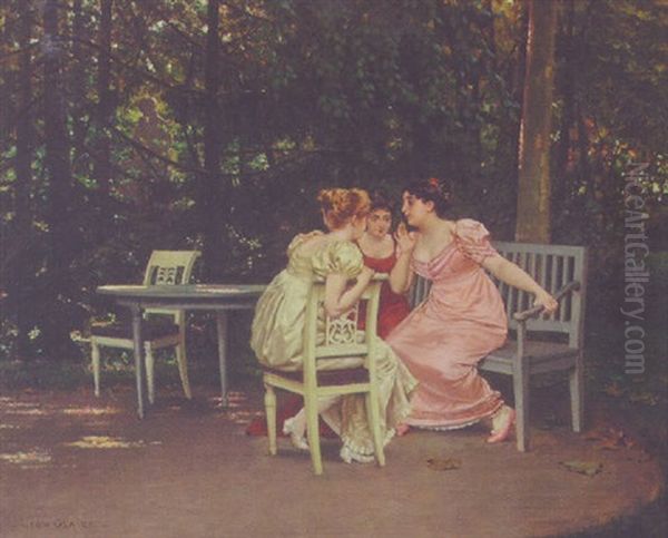 Three Ladies Sharing Secrets In The Garden Oil Painting by Pierre Paul Leon Glaize