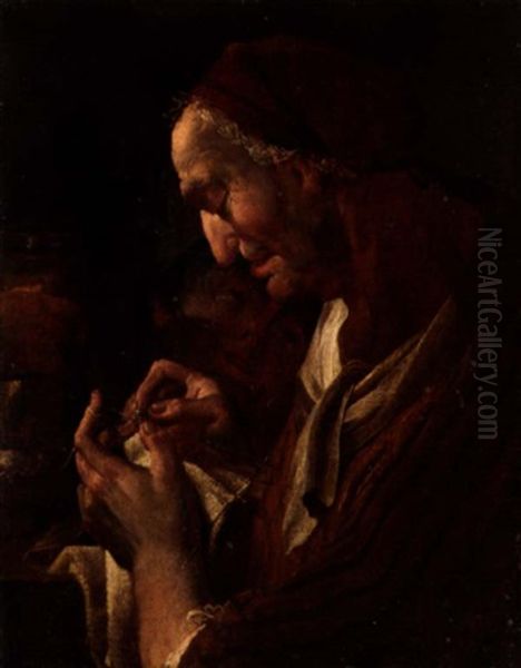 An Elderly Lady Making Lace, A Young Child Behind Oil Painting by Ulrich Glantschnigg