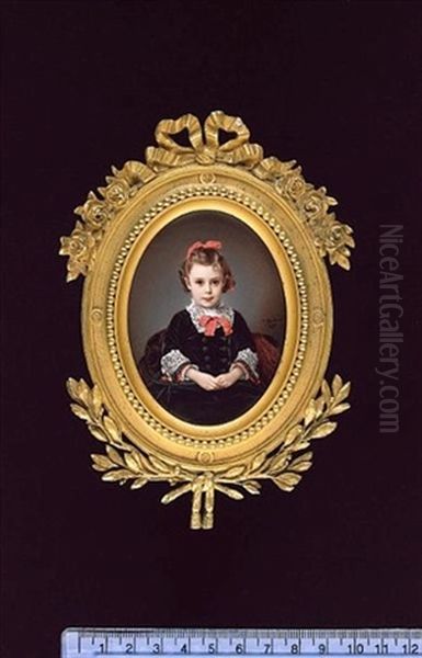 Miss Emily Davis, As A Young Girl, Seated With Hands Clasped In Her Lap, Wearing Black Velvet Dress With White Lace Collar And Sleeve Adornments, Coral Pink Ribbon Trimmings Oil Painting by Charles Louis Francois Glardon-Leubel