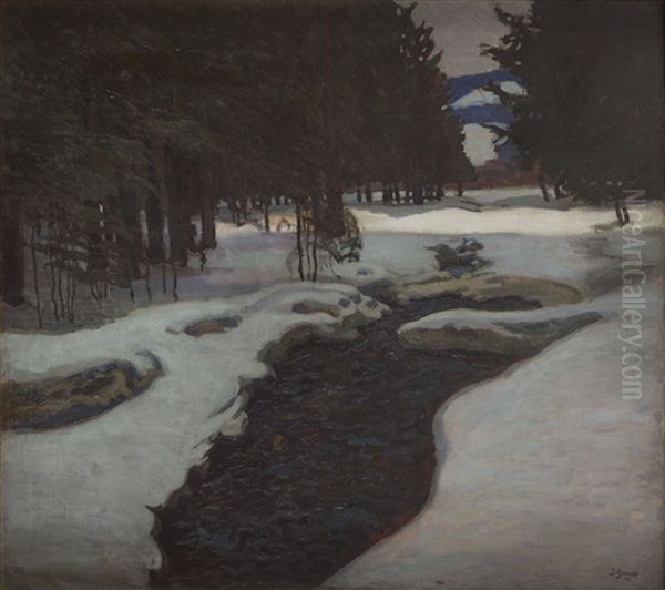 Stream In A Winter Oil Painting by Jakob Glasner