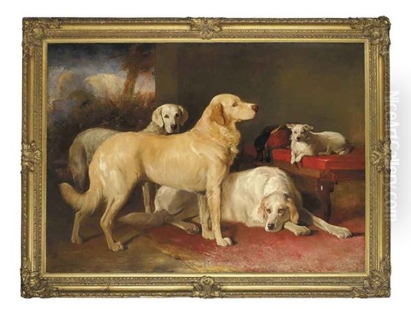 Golden Retrievers And A Terrier Oil Painting by John Glass