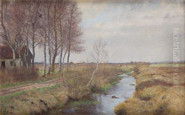 Birches By Stream Oil Painting by Adolf Glatte