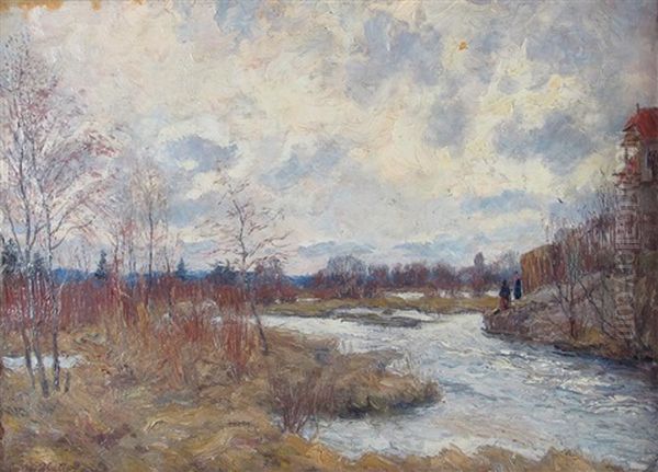 Fruhlingslandschaft Mit Bachlauf, Architekturstaffage Und Figuren Oil Painting by Adolf Glatte