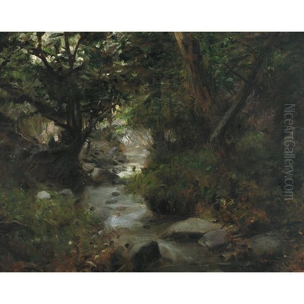 A Forest Stream Oil Painting by Gyula Glatter