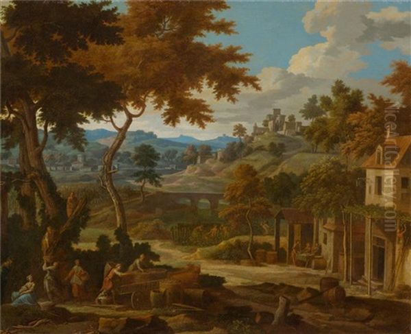 Weinernte In Italienischer Landschaft Oil Painting by Johannes (Jan) Glauber