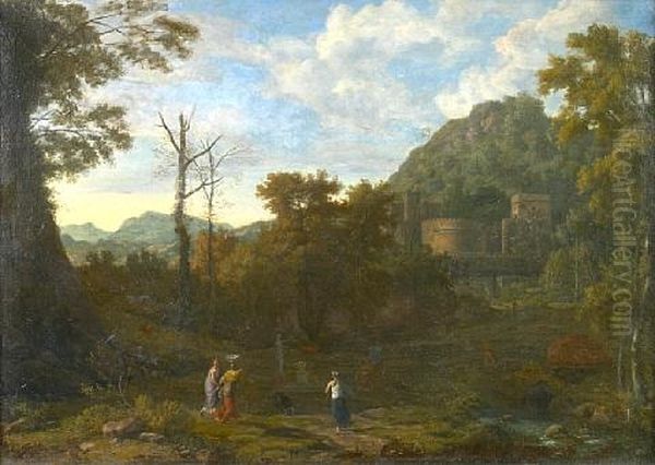 Figures By A River In An Italianate Landscape (+ Figures Resting In A Landscape With A Village Beyond; Pair) Oil Painting by Johannes (Jan) Glauber