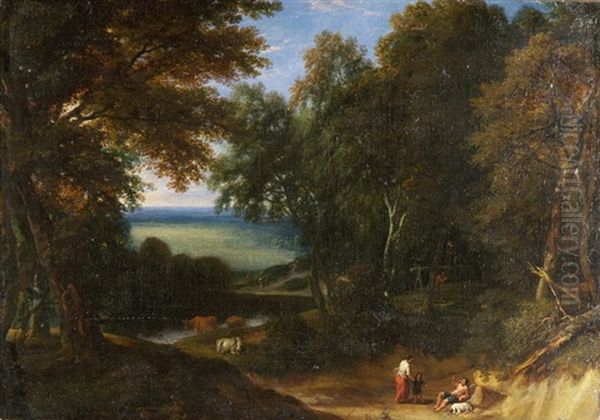 Sudliche Landschaft Mit Waldungen, Rastenden Hirten Und Weidendem Vieh Oil Painting by Johannes (Jan) Glauber