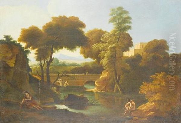 Figures Bathing In A River Before An Italianate Landscape, With A Bridge In The Distance Oil Painting by Johannes (Jan) Glauber