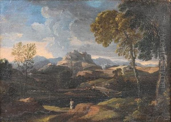 A Classical Figure In An Italianate Landscape, Mountains On The Horizon Oil Painting by Johannes (Jan) Glauber