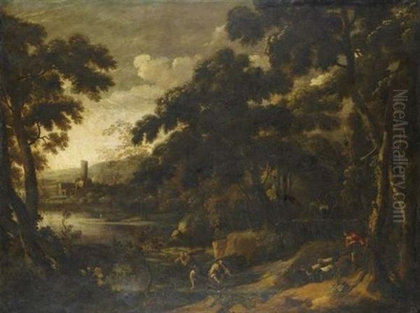 Paysage De Riviere Anime De Berger Et De Ramasseurs De Fagots Oil Painting by Johannes (Jan) Glauber