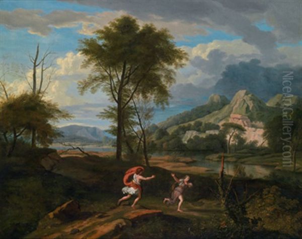 Apollo Und Daphne In Einer Hugeligen Landschaft (+ Rastende Schafer In Einer Arkadischen Ideallandschaft; Pair) Oil Painting by Johannes (Jan) Glauber