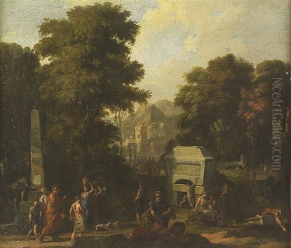 Italianate Landscape With Figures By An Obelisk And Tomb Oil Painting by Johannes (Jan) Glauber