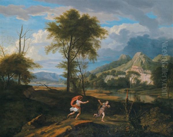 Apollo Und Daphne In Einer Hugeligen Landschaft (+ Rastende Schafer In Einer Arkadischen Ideallandschaft; Pair) Oil Painting by Johannes (Jan) Glauber