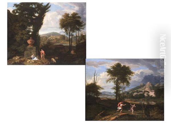 Apollo Und Daphne In Einer Hugeligen Landschaft (+ Rastende Schafer In Arkadischer Ideallandschaft; 2 Works) Oil Painting by Johannes (Jan) Glauber