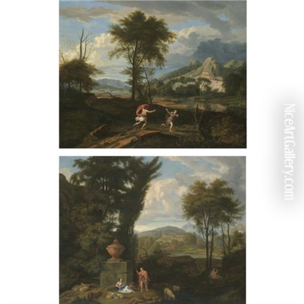 A River Landscape With Apollo And Daphne (+ A Bosky River Landscape With A Couple And Their Sheep In The Foreground - Daphnis And Chloe?; Pair) by Johannes (Jan) Glauber