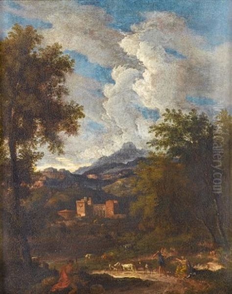 A Classical Landscape With A Goatherd And Travellers On A Track, A Monastery Beyond Oil Painting by Johannes (Jan) Glauber