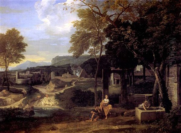 Paysage Classique Anime De Personnages Pres D'une Fontaine Oil Painting by Johannes (Jan) Glauber