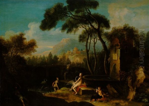 Arkadische Landschaft Mit Leda Und Dem Schwan An Einem Brunnen Oil Painting by Johannes (Jan) Glauber