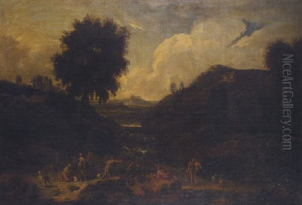 A Classical Landscape With Diana And Her Nymphs Hunting Oil Painting by Johannes (Jan) Glauber