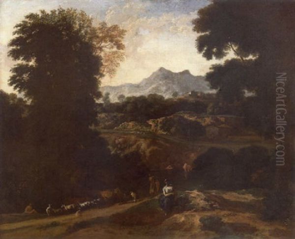 A Classical Landscape With Figures Bathing In A Distant River Oil Painting by Johannes (Jan) Glauber