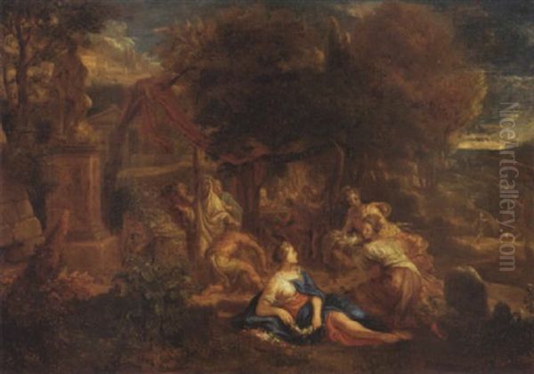 A Classical Landscape With An Altar, A Banquet And Maidens With Flowers And Doves In The Foreground Oil Painting by Johannes (Jan) Glauber