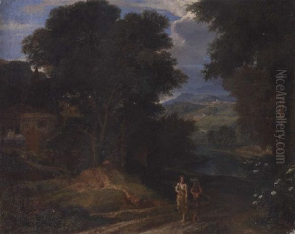 An Italianate Landscape With Figures On A Path Oil Painting by Johannes (Jan) Glauber