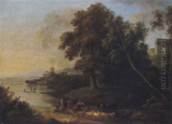 Bewaldete, Sudliche Landschaft Mit Palastartigen Gebauden Und Hirten An Einem See Oil Painting by Johannes (Jan) Glauber