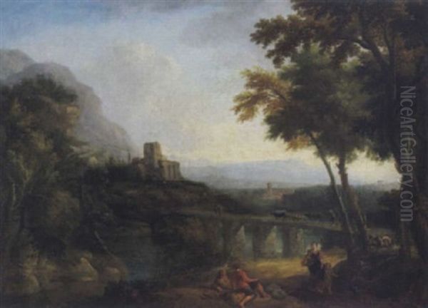 Bewaldete, Sudliche Fluslandschaft Mit Einer Steineren Brucke, Ruinen Und Figuren Oil Painting by Johannes (Jan) Glauber