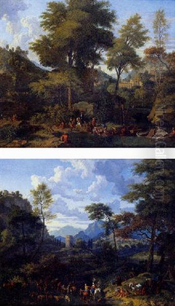 Paysage Boise Et Accidente Avec Cavalier Et Villageois Chargeant Une Barque Oil Painting by Johannes (Jan) Glauber