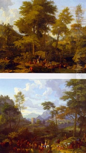 A Classical River Landscape With Figures Unloading A Boat, A Town Beyond Oil Painting by Johannes (Jan) Glauber