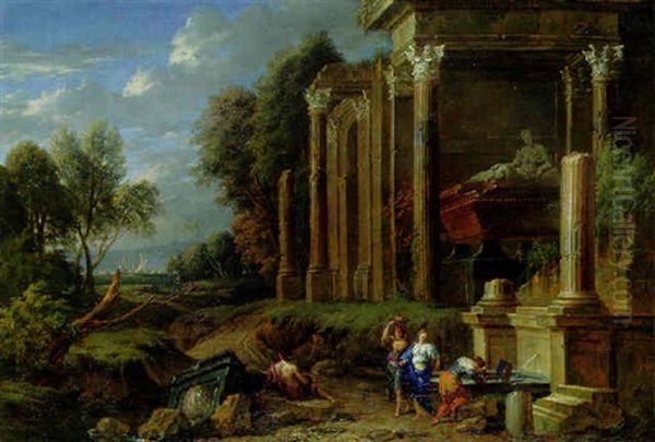 A Capriccio Of Classical Ruins In A Wooded Landscape, With Women By A Fountain By A Tomb And A Shepherd Resting On A Plinth Oil Painting by Johannes (Jan) Glauber