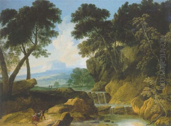 A Traveller Conversing With A Gypsy Woman On A Road By A Waterfall Oil Painting by Johannes (Jan) Glauber