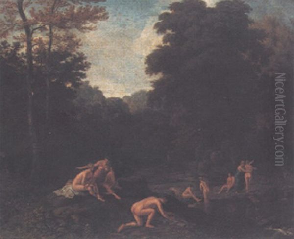 Nymphs Bathing In A Wooded Landscape Oil Painting by Johannes (Jan) Glauber