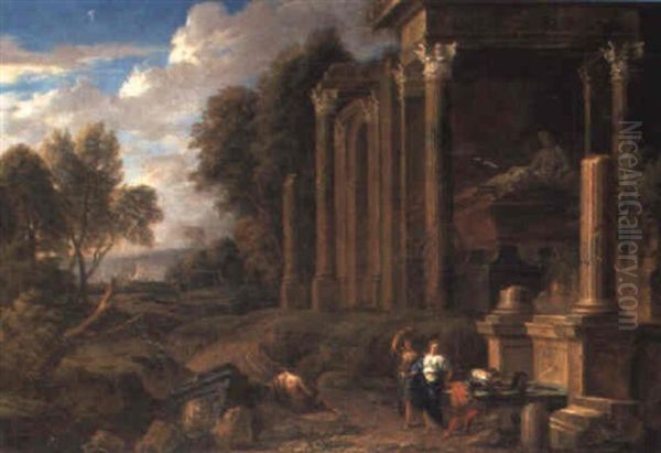 Classical Ruins In A Wooded Landscape With Washerwomen At A Fountain Oil Painting by Johannes (Jan) Glauber