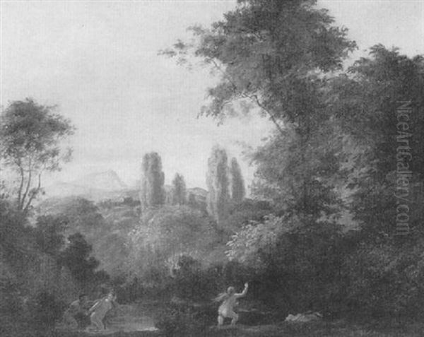 Wooded Landscape With Bathers Oil Painting by Johannes (Jan) Glauber