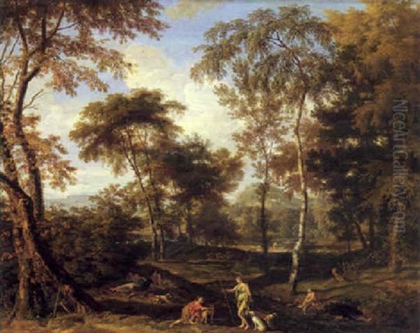 Classical Wooded Landscape With Diana And Her Nymphs At Rest Oil Painting by Johannes (Jan) Glauber