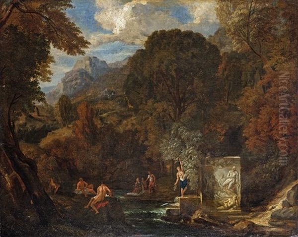 Baigneurs Dans Des Ruines Antiques Pres D'un Sarcophage Oil Painting by Johannes Gottlieb Glauber