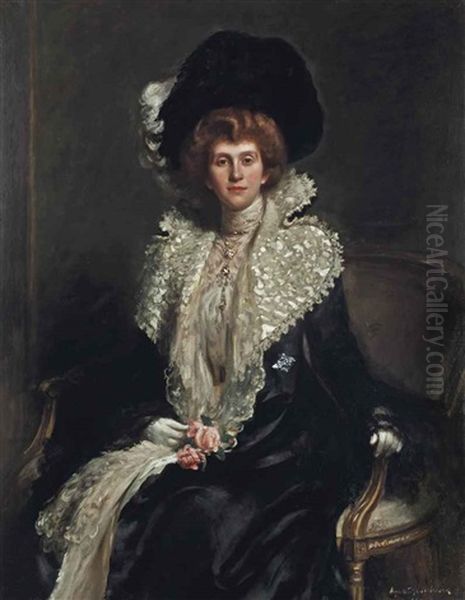 Portrait Of Mrs Haslam, Seated Three-quarter-length, In A White Dress And Pearl Necklace Oil Painting by Hugh de Twenebrokes Glazebrook