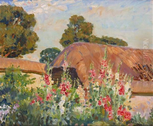 The Artist's Garden With Hollyhocks At Stratford Tony Oil Painting by Wilfred Gabriel De Glehn