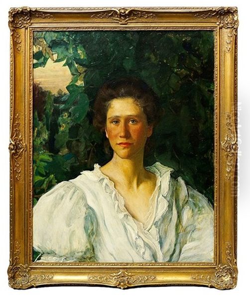 Portrait Of A Lady Quarter-length In A White Ruffled Shirt Oil Painting by Wilfred Gabriel De Glehn