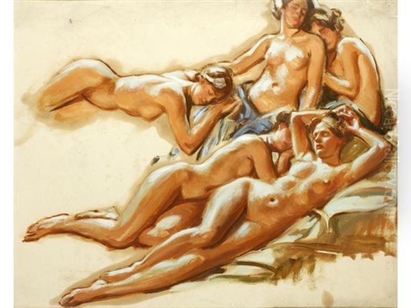 Five Models Reclining Oil Painting by Wilfred Gabriel De Glehn