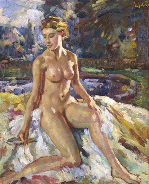 Portrait Of A Nude Seated In A Landscape Oil Painting by Wilfred Gabriel De Glehn