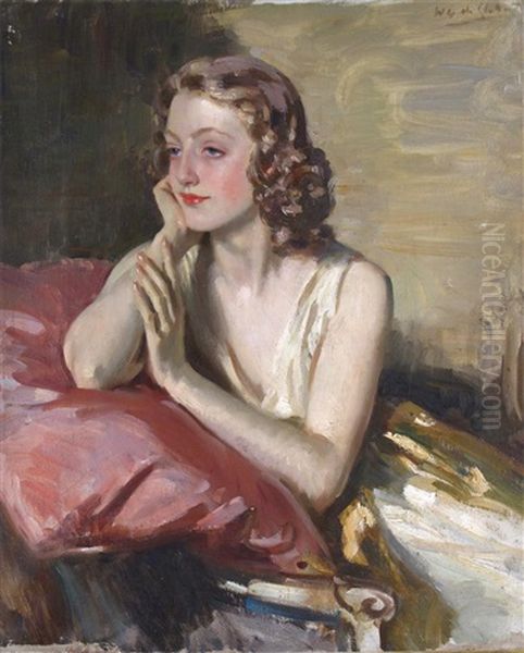 Portrait Of Rai Resting On A Pink Cushion Oil Painting by Wilfred Gabriel De Glehn