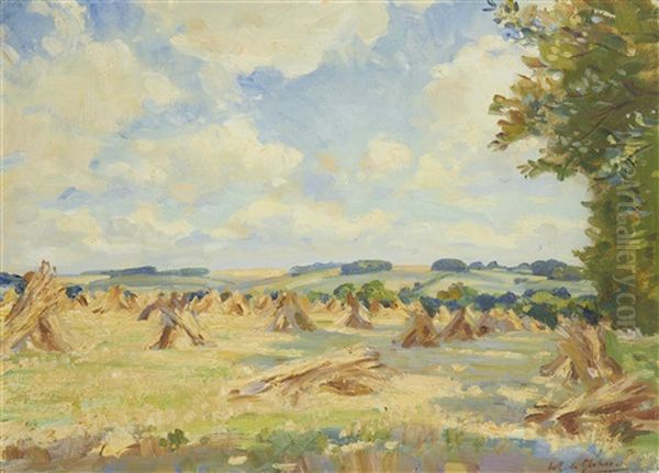 Field Of Haystacks On A Sunny Afternoon Oil Painting by Wilfred Gabriel De Glehn