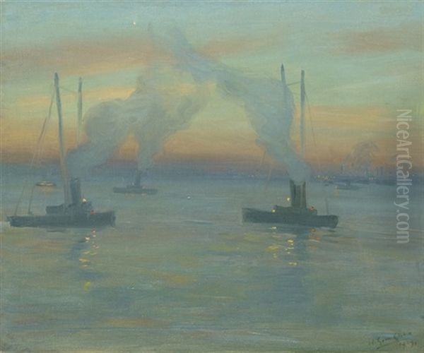 Tugs At Dusk, Possibly New York Bay Oil Painting by Wilfred Gabriel De Glehn