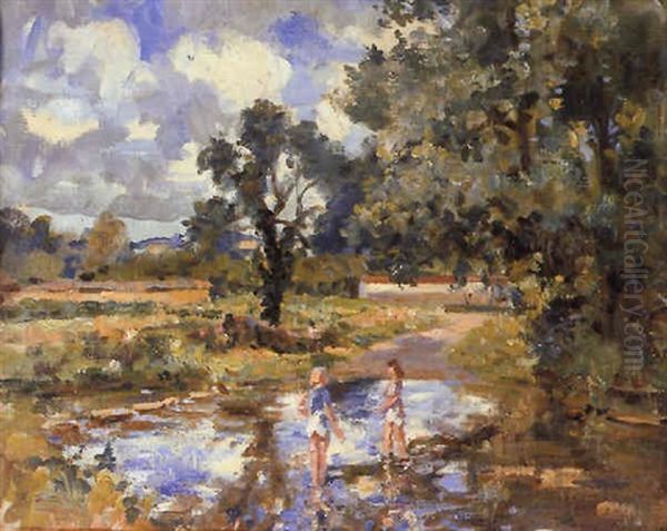 Children By A Stream, Stratford Tony, Wiltshire Oil Painting by Wilfred Gabriel De Glehn