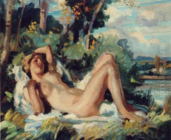 Reclining Nude In A Landscape Oil Painting by Wilfred Gabriel De Glehn